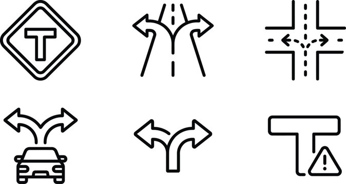 T-Junction and Road Split Thin Line Icon Set - Traffic Direction