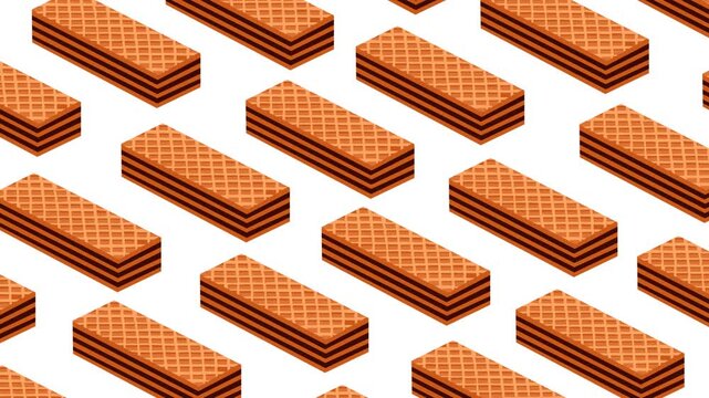 Seamless repeating pattern of chocolate wafer bars arranged diagonally on a clean background. Ideal for food-themed videos, advertising, packaging visuals, motion graphics, and looping backdrops.
