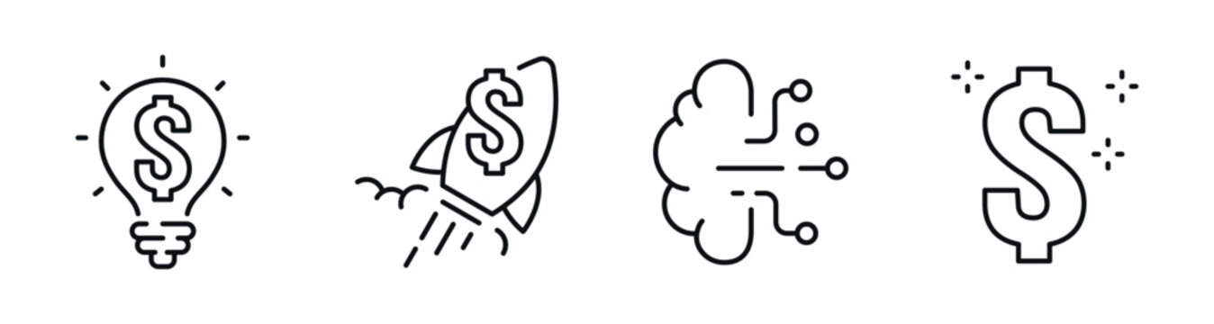 Financial innovation icons illustrating idea growth and value. Editable stroke