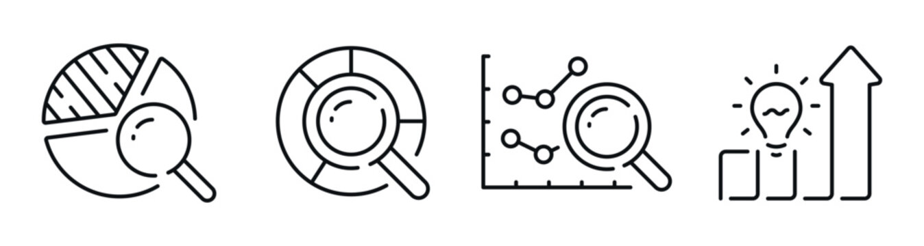 Data analysis icons showing magnifying glass over charts in row. Editable stroke