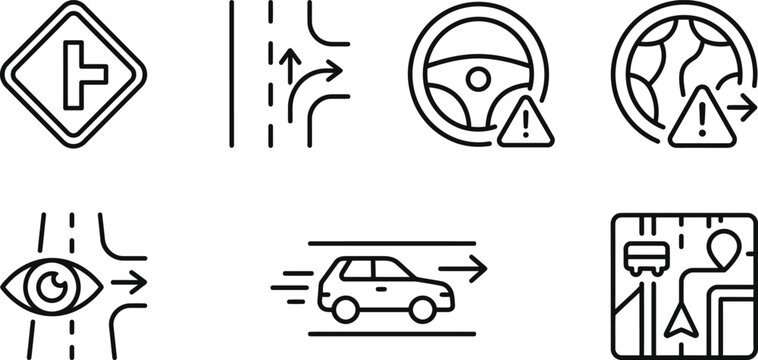 Road Navigation and Driving Direction Thin Line Icon Set