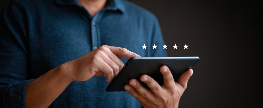 Close-up of an individual submitting a four-star rating with vibrant digital feedback icons