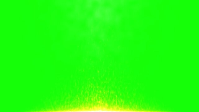 Explosion sparks erupt from a central point against a green screen background to facilitate easy layering in action-oriented cinematic film sequences.