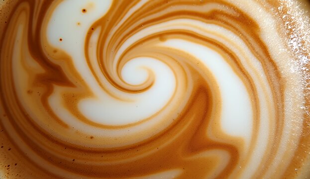 Close up of swirls cappuccino and milk foam mixed with creamy bubbles.
