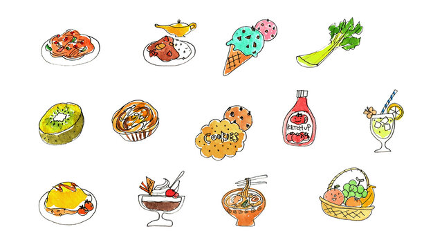 カレーやオムライスなど様々な料理やスイーツの可愛い手描き水彩イラストセット
 Cute hand-drawn watercolor illustration set of various food and sweets