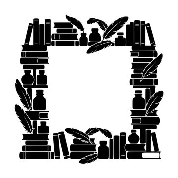 Vintage Literature Frame with Books Inkwells and Quill Pen Silhouettes