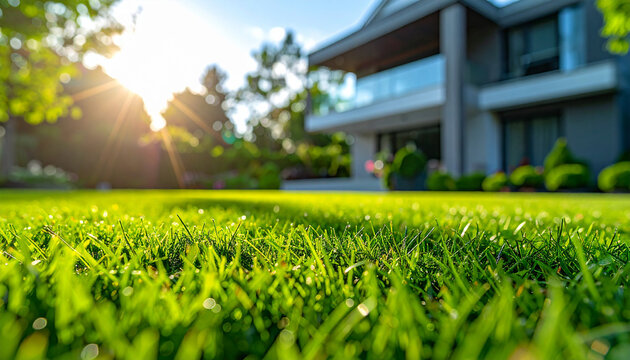 Fresh green lawn with perfectly maintained grass, blurred modern house in the background, residential neighborhood, backyard landscaping. Close-up.