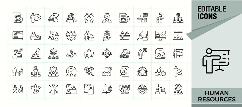 Human Resources linear icon set. HR icon set. Contain linear symbols employee, person, recruitment, job, resource, employment and more. Editable vector. Pixel perfect.