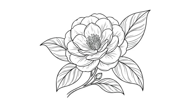 Vintage camellia flower line art, hand drawn botanical blossom with leaves, elegant floral sketch vector for wedding invitations and branding