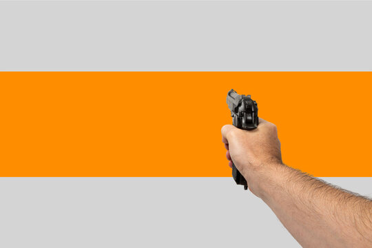 First Person Perspective of a Hand Aiming a Semi Automatic Pistol, Isolated Dynamic Background