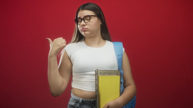 Young hispanic woman holding book and pointing thumb over shoulder with backpack in studio; indifference hesitation doubt.