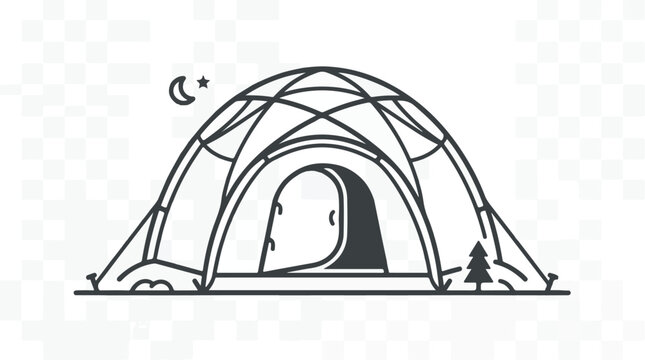 Minimalist camping tent line art vector, geodesic dome tent under moon and star, outdoor adventure and glamping icon for travel branding