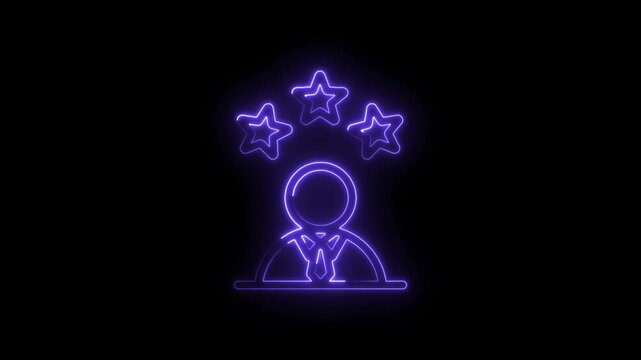 Neon glowing outline of a businessman figure with three stars above head symbolizing success... icon