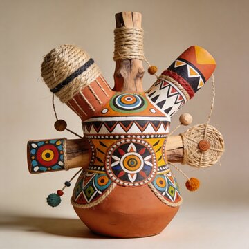 Decorative folk-inspired vessel featuring colorful geometric ornamentation, natural rope details, and handcrafted artisan aesthetics. Ideal for cultural decor and creative interior styling concepts.