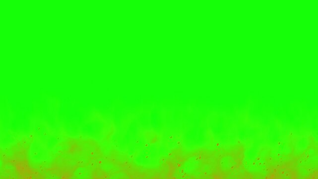 Fire flames rise from the bottom of the frame against a solid green screen background for easy chroma key compositing in digital video editing projects.