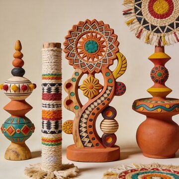 Colorful handcrafted decorative sculpture inspired by traditional folk art motifs. Artistic interior decor object featuring geometric patterns, natural materials, and cultural craftsmanship.