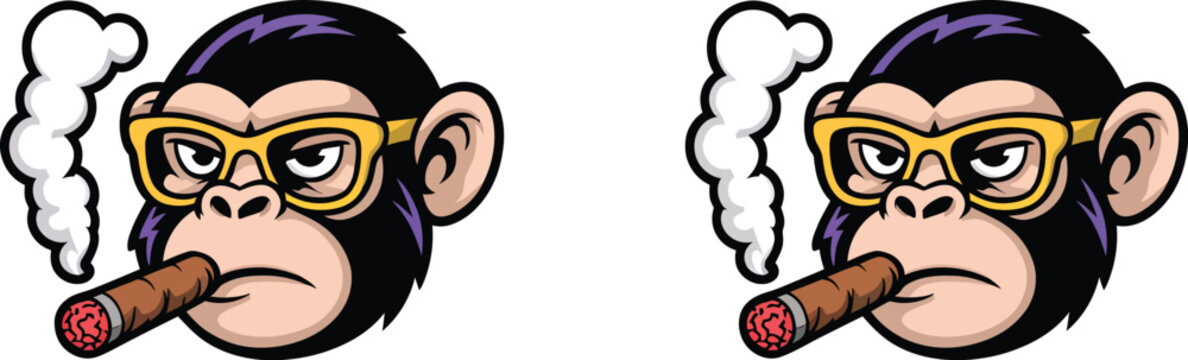 Monkey, head mascot icon, chimpanzee wearing yellow glasses and cigar for logo branding gaming and entertainment projects