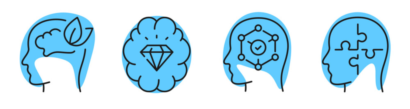 Human head icons illustrating mental states in linear row. Editable stroke