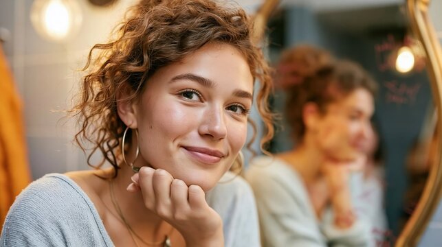 This image features a young woman with curly hair enjoying a moment of self-reflection and confidence, creating a warm and inviting atmosphere in a stylish bathroom setting.