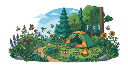 Summer camping scene with tent, campfire, forest, flowers, butterflies, and bees © intihani