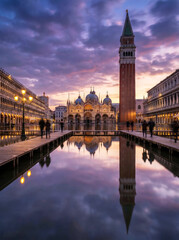 Fototapeta premium Venetian st marks square with campanile and basilica reflected in floodwater at purple sunrise, blurred tourists on wooden walkways. Romantic travel atmosphere