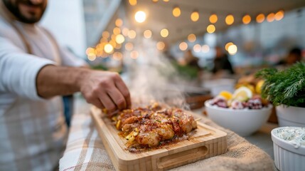 Obraz premium A man seasons grilled chicken on a wooden platter, emanating warmth and joy in a festive outdoor atmosphere adorned with glowing string lights and culinary aromas.