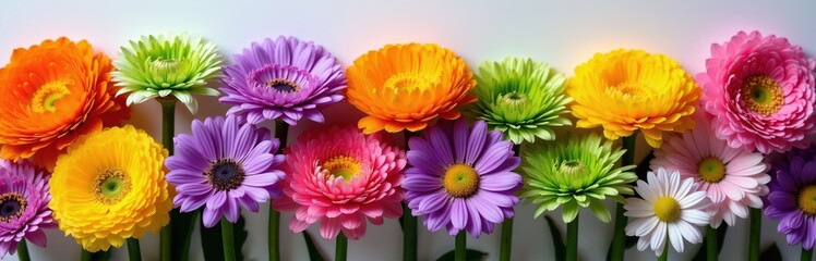Fototapeta premium A vibrant row of gerbera daisies displays cheerful orange, purple, pink, green, and yellow hues. These beautiful blossoms create a colorful floral arrangement, perfect for spring or summer themes.