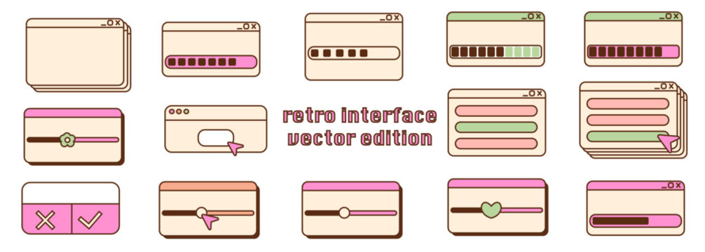 Retro vintage computer interface with windows, sound, volume buttons. Vaporwave browser, error vector message aesthetic  collection. 