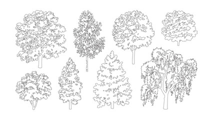 Set of black outlined tree drawings isolated on grey background for design illustration. © Sara Studio