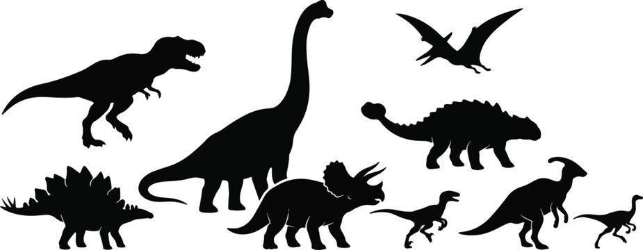 Dinosaurs appear as a diverse set of prehistoric creature silhouettes arranged on a plain white background to provide an educational and visually striking resource for graphic design layouts.