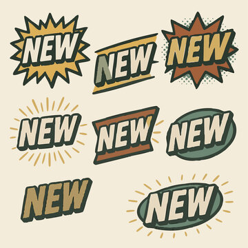 NEWの文字のレトロなアメコミ風ラベルとバナーイラスト素材セット
