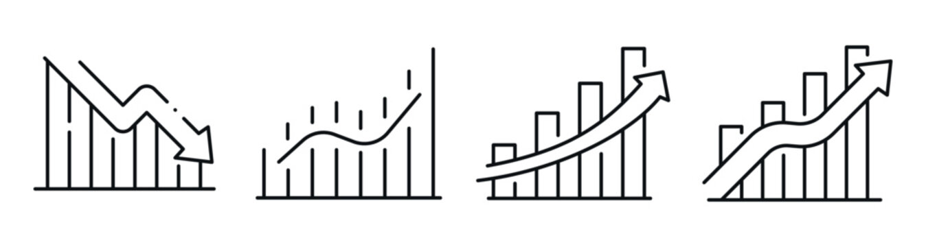 Bar chart icons illustrating decline and growth trends in sequence. Editable stroke