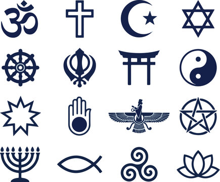 Religious symbols representing diverse global faiths are arranged in a clean grid pattern on a solid background.