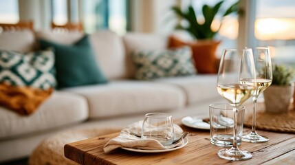 Fototapeta premium A cozy and elegant indoor setting with gleaming wine glasses on a wooden table in front of a stylish sofa adorned with colorful cushions, creating a welcoming atmosphere.