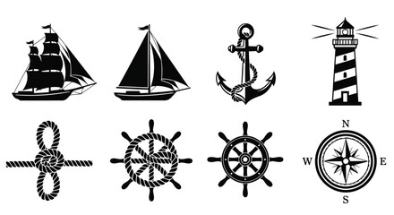 Nautical icons set including ships anchor lighthouse and navigation tools © Jerin
