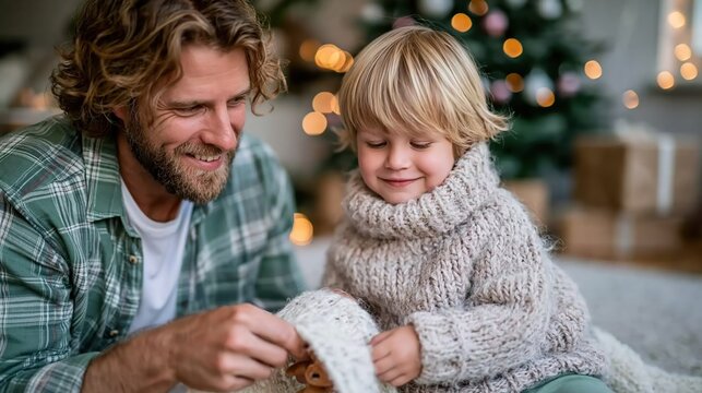 A father and young son bond while interacting over a plush toy in a cozy setting, surrounded by festive decorations and a warm holiday atmosphere.