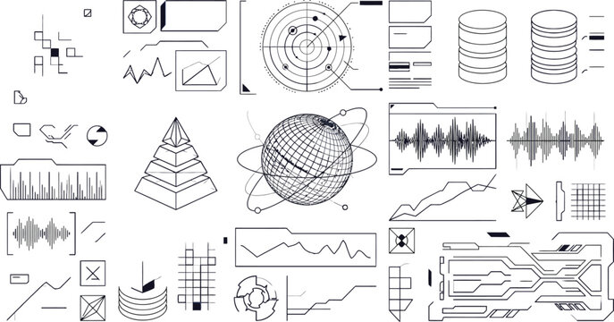 A detailed technical illustration featuring complex scientific diagrams mathematical equations data charts sound waves and abstract geometric patterns on a clean white background design