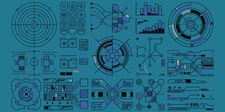A detailed futuristic digital interface display featuring various circular radar scopes data charts graphs and technical schematic elements isolated on a plain blue background wallpaper