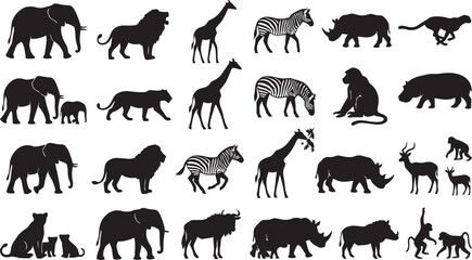 African wildlife silhouette vector set featuring elephant, lion, giraffe, zebra, rhinoceros and safari animals isolated on white background © Shafikul