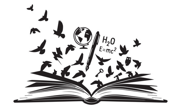 Open Book with Flying Birds Science Symbols and Education Icons