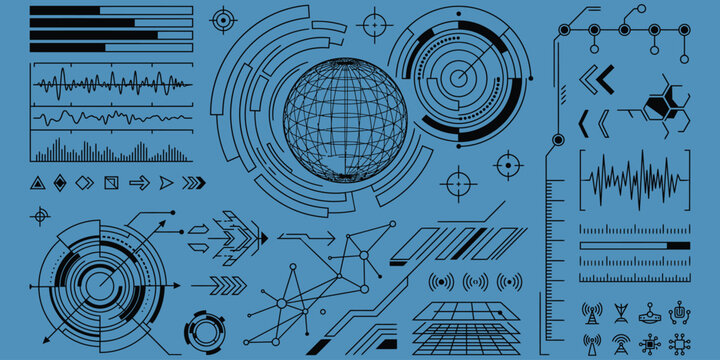 Abstract digital interface background featuring various futuristic hud elements including circular radar graphs data charts and technical information panels for modern technology and science designs