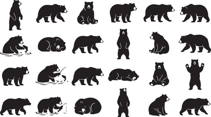 Obraz premium Bear silhouette vector set featuring walking, sitting, fishing and standing poses isolated on white background collection