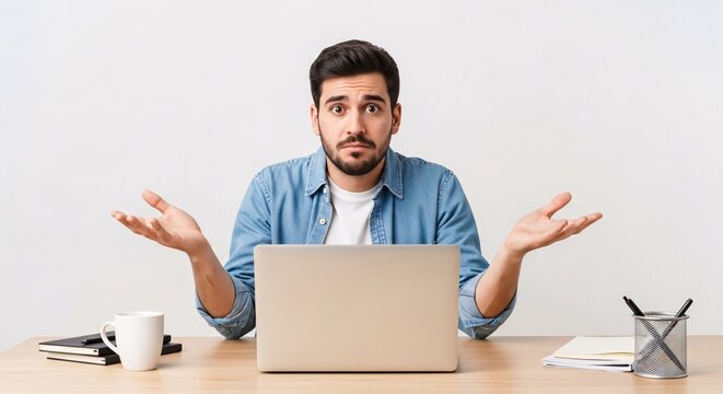 Confused young man sitting at desk with laptop looking puzzled and shrugging with hands raised in uncertainty or confusion in a modern office space