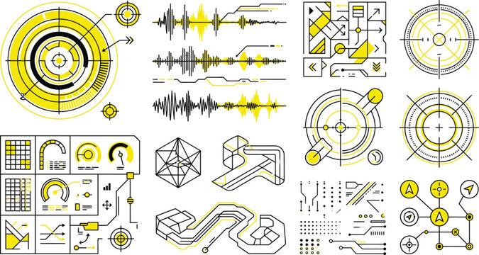 A collection of futuristic digital interface elements including circular target scopes audio waveforms data charts and technical blueprints isolated on a clean white background design