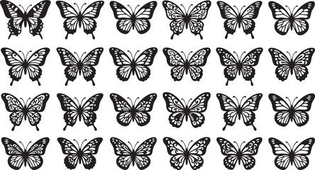 Butterfly silhouette vector set featuring ornamental wing patterns and decorative insect designs isolated on white background © Shafikul