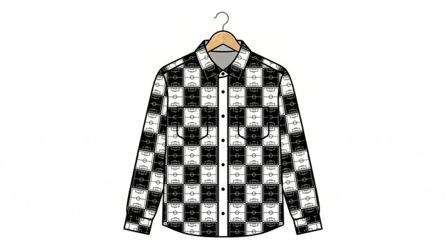 Isolated vector of a trendy flannel shirt (Canadian lumberjack style) hanging on a hanger, but the checkered patterns are subtly made of alternating black and white soccer fields, minimalist flat desi
