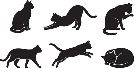 Cat silhouette collection featuring playful, grooming, walking and sleeping feline poses isolated on white background © Shafikul