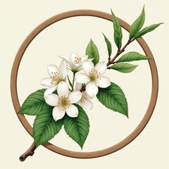Obraz premium Delicate hand drawn cherry blossoms with green leaves inside a circular wooden frame. Spring floral art captures new life and nature beauty. Peaceful botanical illustration for design projects.