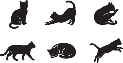 Cat silhouette collection featuring sitting, stretching, grooming, walking, sleeping and jumping feline poses isolated on white background © Shafikul