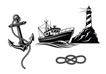Nautical icons with anchor boat lighthouse and rope © Jerin